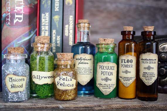 Potion bottles with labels of potions from Harry Potter