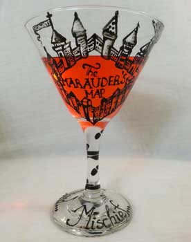 Martini glass inspired by Harry Potter and the Marauders Map