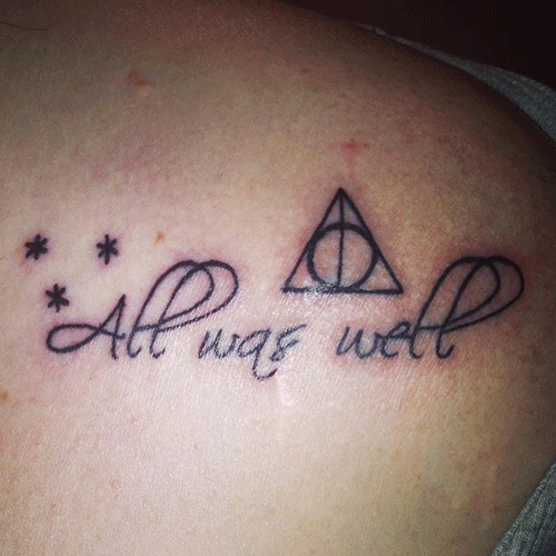 Tattoo inspired by Harry Potter that reads All Was Well and has the Deathly Hallows. #hp #harrypotter #potterhead #deathlyhallows #tattoo