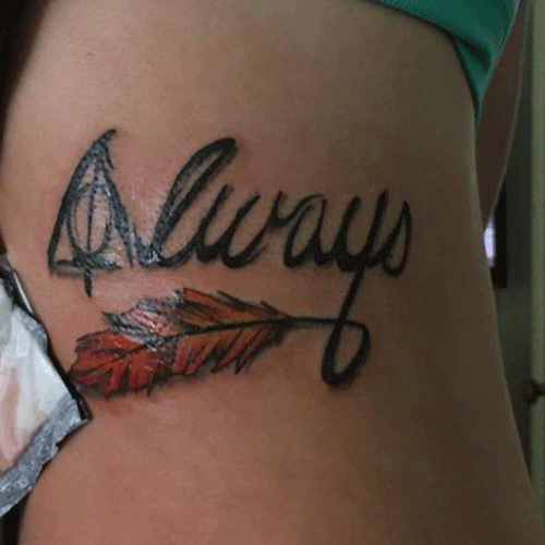 Tattoo of the word Always with the Deathly Hallows symbol and a feather. #hp #harrypotter #harrypotterfan #always #deathlyhallows #feather #tattoo