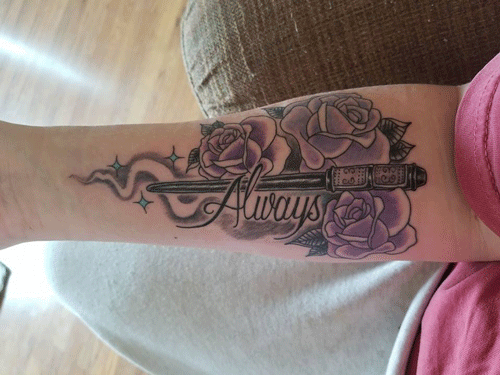 Always tattoo with Severus Snape's wand and purple roses. #hp #harrypotter #potterhead #always #snape #wand #tattoo
