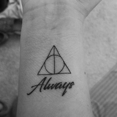 Tattoos of the Deathly Hallows and Always from Harry Potter.  #hp #harrypotter #potterhead #deathlyhallows #always #tattoo