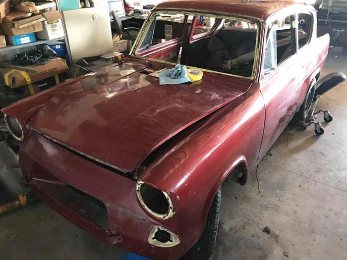 The renovation of the vintage Ford Anglia has begun