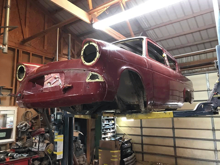 The renovation of the vintage Ford Anglia has begun