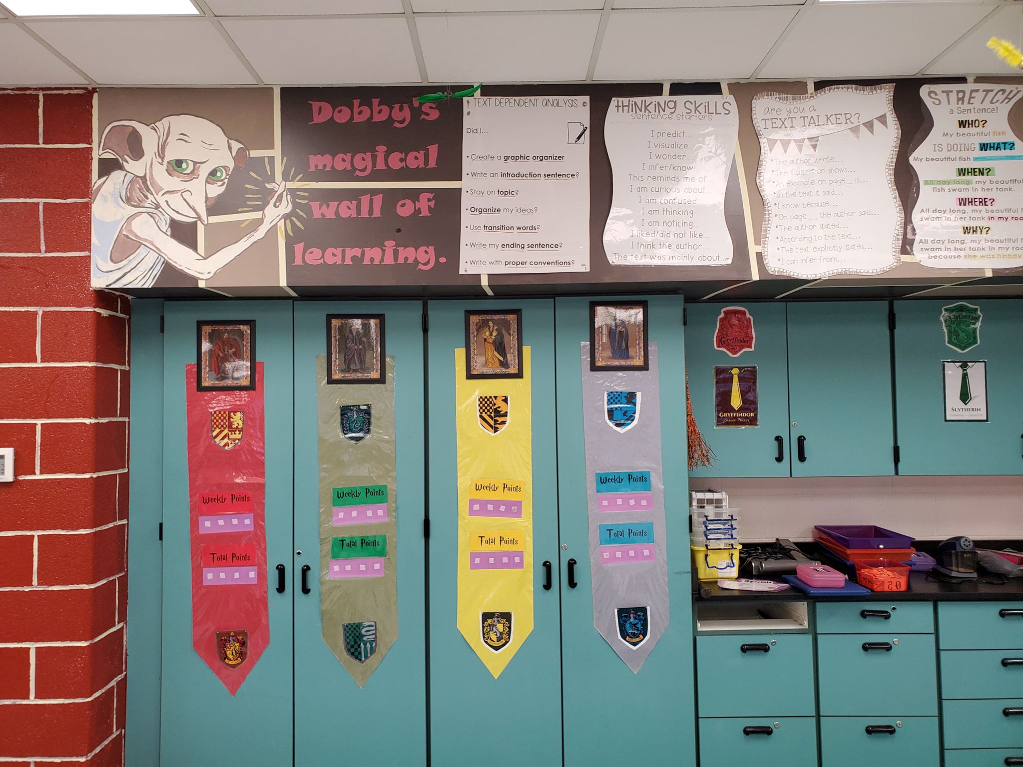 The four house banners inside the classroom.