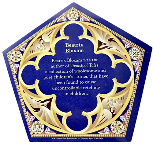 Back of the Beatrix Bloxam card, where it describes her as a writer of children's stories.