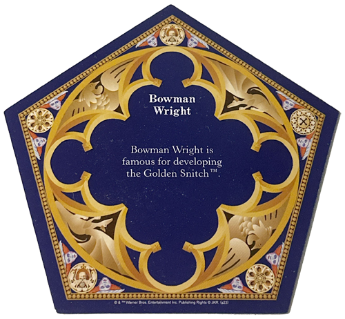 Back of the Bowman Wright card, with details about how he developed the Golden Snitch for Quidditch.