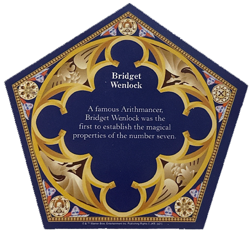 This is the back of the Bridget Wenlock card, with details about her as a famous Arithmancer.