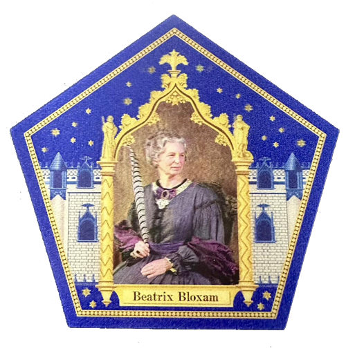 Front of the Beatrix Bloxam card, where she is holding a feather quill for writing.