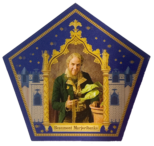 Front of the Beaumont Marjoribanks card, showing him next to a potted Mandrake.