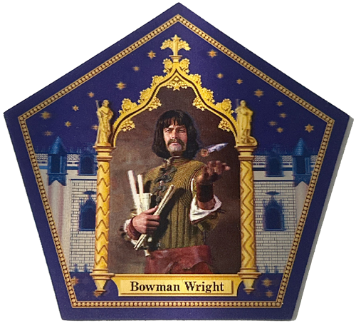 Front of the Bowman Wright card, showing him with scrolls and a Golden Snitch.