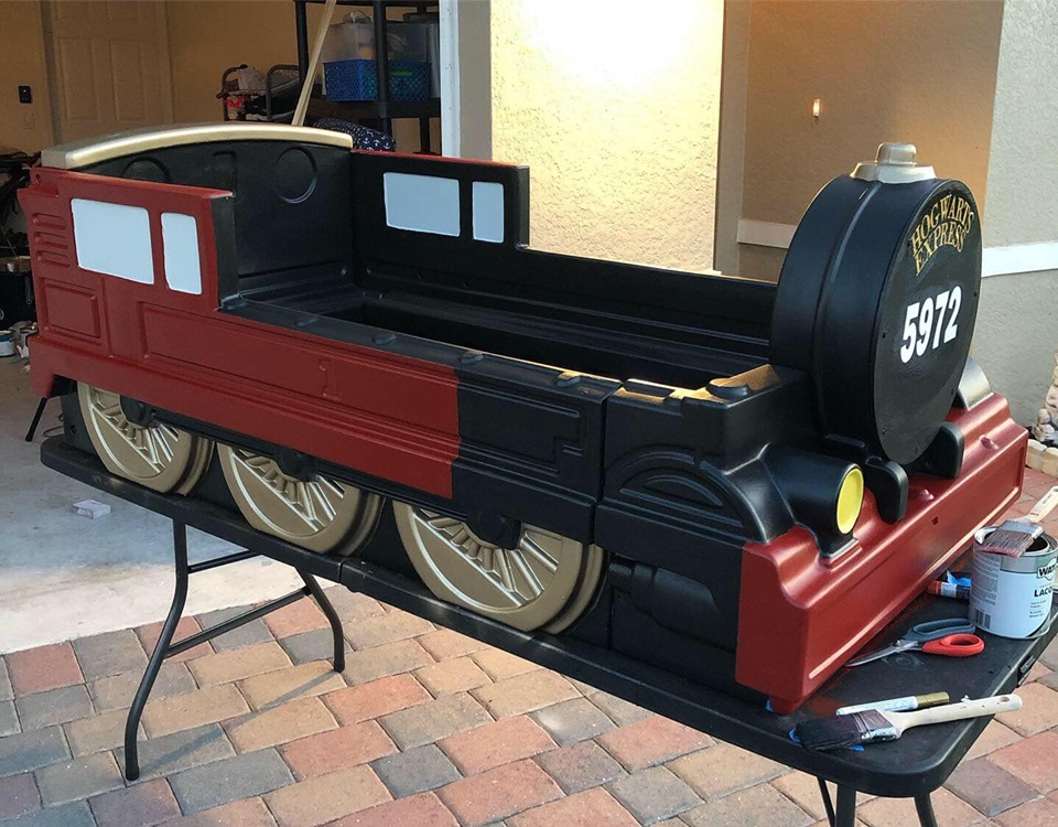 Side view of the renovation of the Hogwarts Express toddler bed.