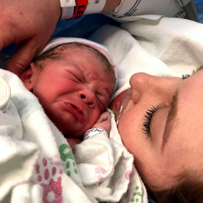 Laura and her newborn son, Teddy