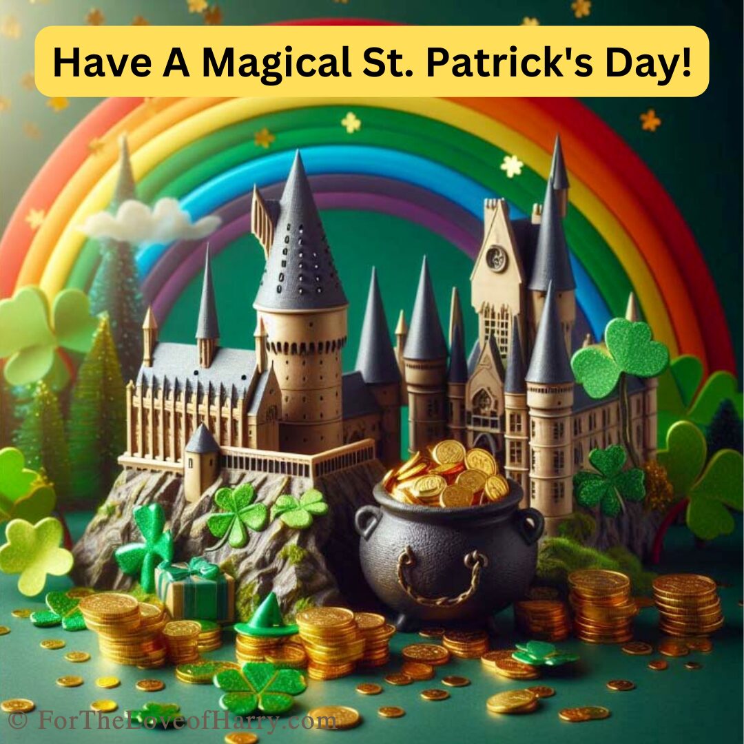 Hogwarts castle surrounded by a rainbow and a pot of gold