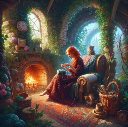 Red-headed woman sitting in a chair while knitting in front of a fireplace