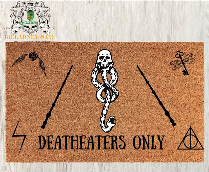 Brown fiber floormat that says, "Deatheaters Only"