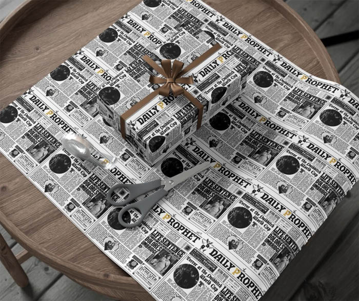 Present wrapped in Harry Potter themed wrapping paper